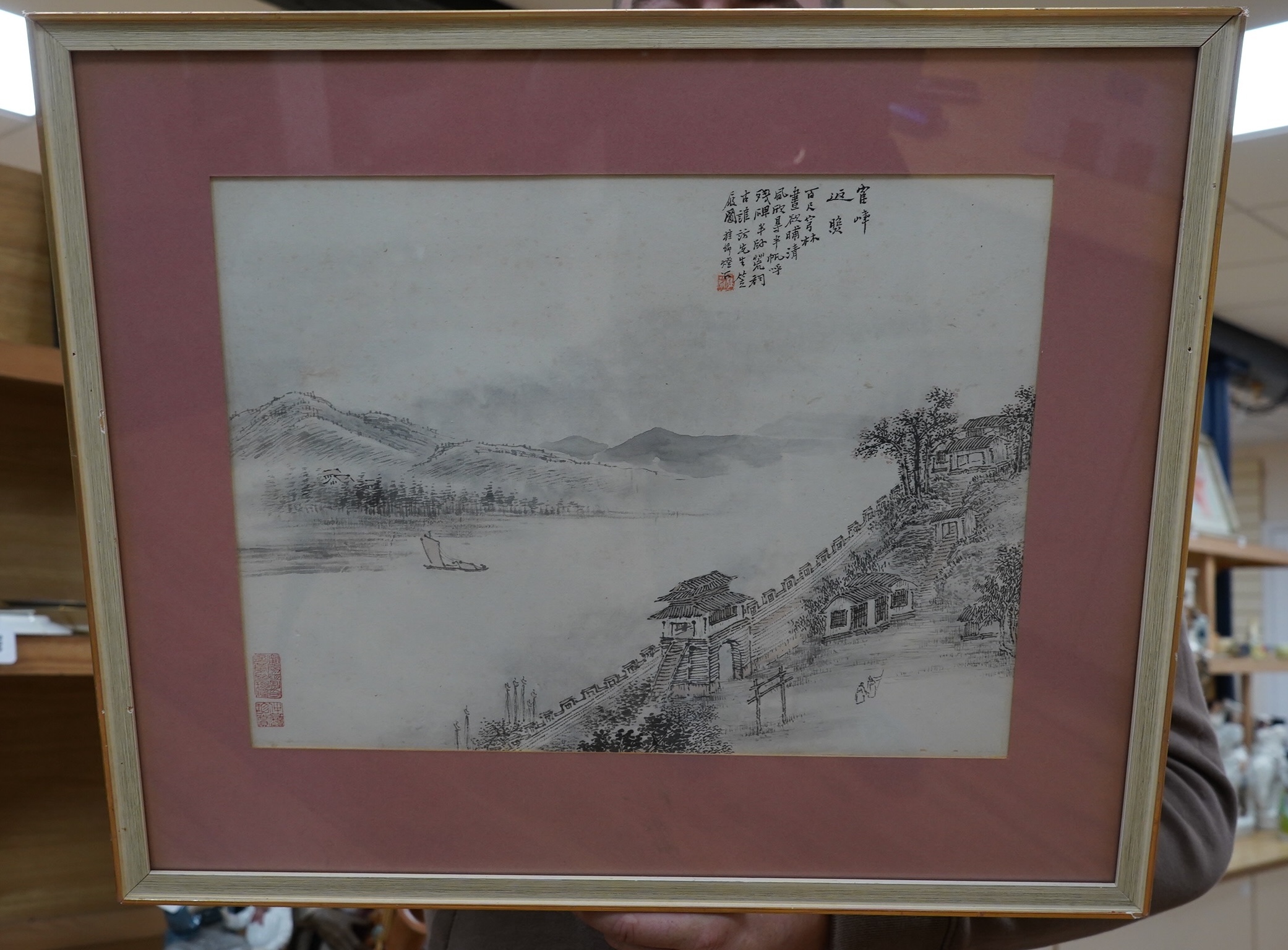 Chinese School, monochrome ink and watercolour, Riverscape, signed with character marks and red seal marks, Yan Kee, Kowloon inscribed receipt verso, 29 x 38cm. Condition - fair